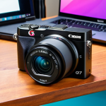 **Compact Camera for Beginners**: Create an image of a compact camera, like the Canon G7X Mark III, placed on a colorful desk surrounded by video creation tools such as a laptop, microphone, and lighting equipment. The background should be lively and inspiring, depicting a creative workspace for beginner videographers.