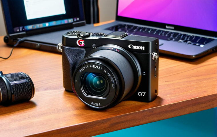 **Compact Camera for Beginners**: Create an image of a compact camera, like the Canon G7X Mark III, placed on a colorful desk surrounded by video creation tools such as a laptop, microphone, and lighting equipment. The background should be lively and inspiring, depicting a creative workspace for beginner videographers.